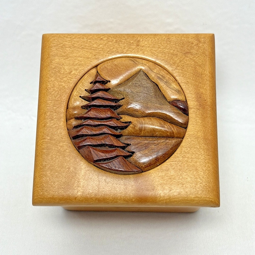 Wooden Hand Carved 3D Trinket Jewelry Box Brown Raised Mountain Detailed VTG 80s